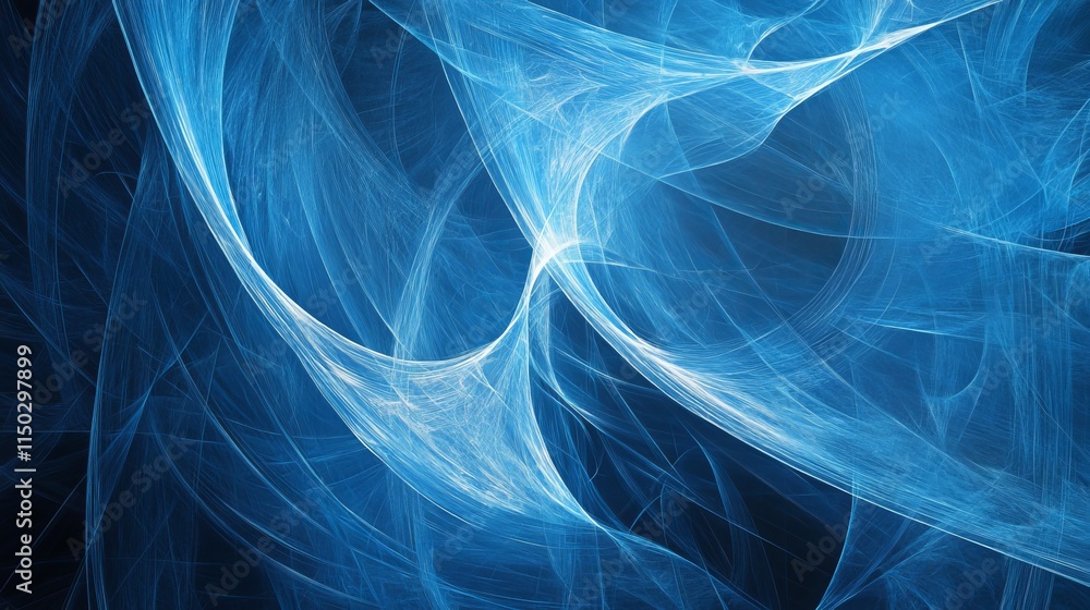 Poster abstract blue fractal design with intricate curves and shapes illuminated by soft light in a dark ba