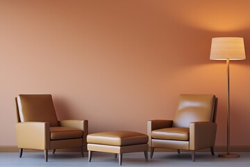 A contemporary interior with tan leather chairs,a matching armchair,and footrest,complemented by a
