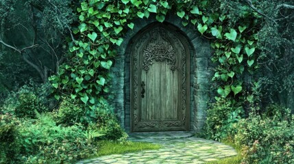 Enchanted Forest Door Surrounded by Lush Green Vines and Mysterious Flora, Inviting Path Leading to a Whimsical and Magical World Beyond