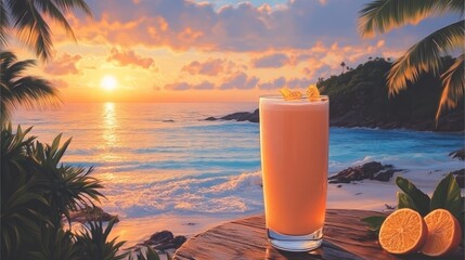 Tropical sunset beach scene with refreshing orange smoothie.