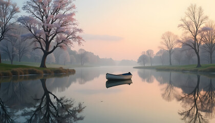 Obraz premium Serene boat floating on a calm lake surrounded by blooming trees at dawn in spring