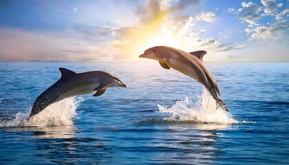 Fototapeta premium Two Dolphins Leaping Ocean Sunset Sunrise Wildlife Marine Life Nature