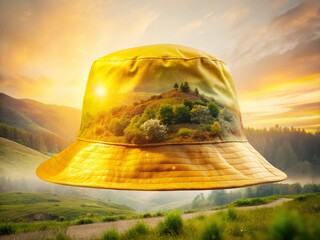 Yellow Bucket Hat Double Exposure Stock Photo - Summer Fashion Accessory