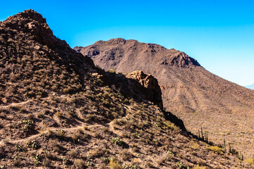A rocky hillside with a clear blue sky in the background