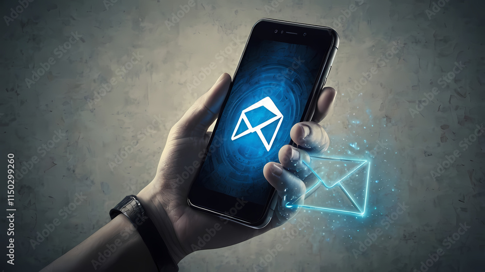 Poster digital communication: hand holding smartphone with glowing email icon, symbolizing instant messagin