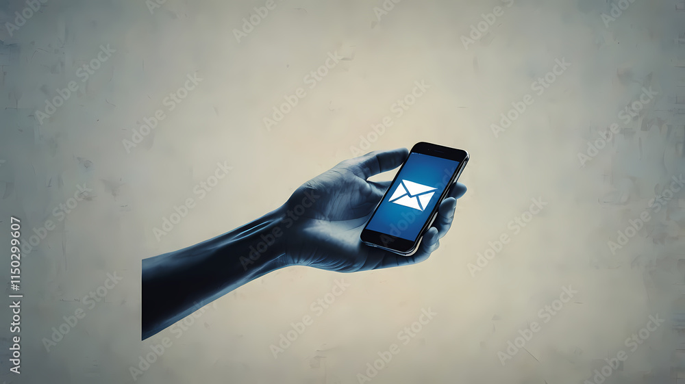 Poster digital messenger: a sculpted hand holds a smartphone displaying a new message, symbolizing instant 