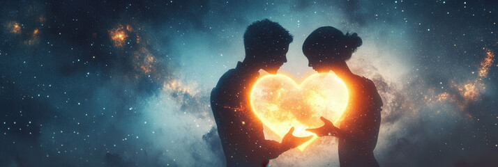 Obraz premium Cosmic Couple Holding Radiant Heart
