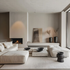 Salon minimaliste avec canapé blanc et cheminée intégrée.