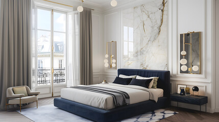 Chambre spacieuse avec tête de lit bleu marine et fenêtres donnant sur un balcon.