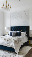 Chambre lumineuse avec lustre doré et tapis blanc.