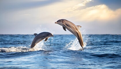 Two Dolphins Leaping Ocean Sunset Marine Wildlife Nature