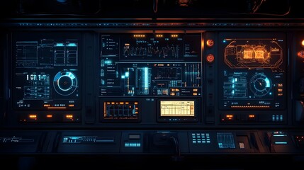 Cybersecurity alerts flashing across dark control panels, shadows of equipment.
