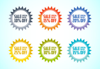 Sale special offer tag sticker set. Shopping discount label with 10, 15, 20, 25, 30, and 35 percent off