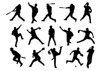野球の多彩な動作を描いたシルエットセット