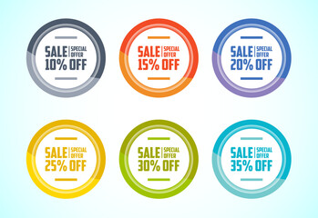 Sale special offer tag sticker set. Shopping discount label with 10, 15, 20, 25, 30, and 35 percent off