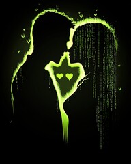 Digital lovers exchanging a kiss composed of binary code data stream
