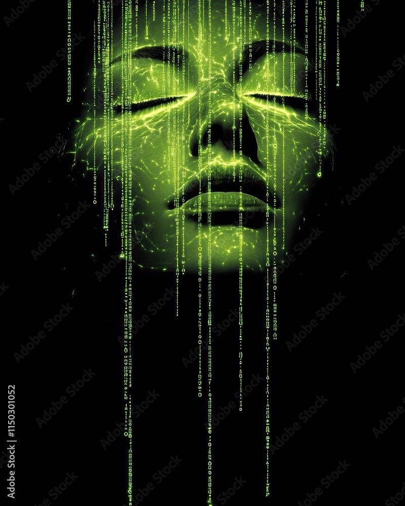 Poster woman face immersed in matrix like digital rain of green binary code