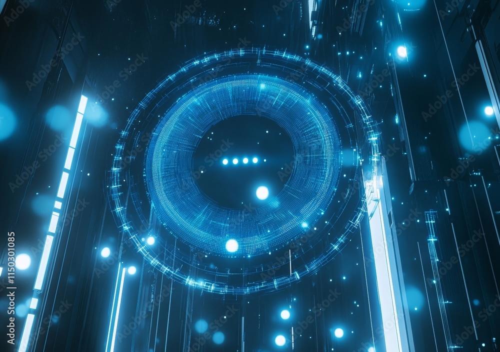 Poster digital portal glowing in a futuristic environment with blue lights and circular patterns amidst a s
