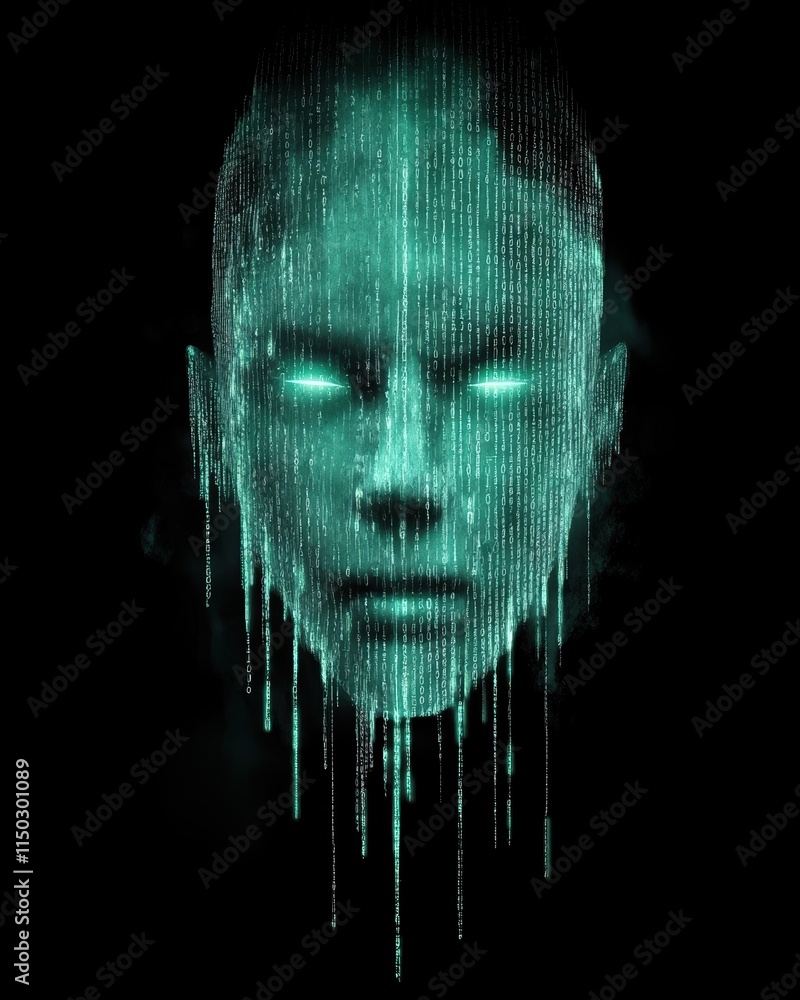 Poster woman face immersed in matrix like digital rain of green binary code