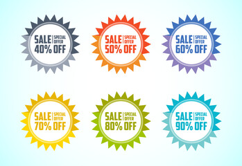 Sale special offer tag sticker set. Shopping discount label with 40, 50, 60, 70, 80, and 90 percent off