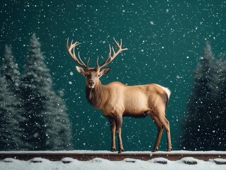 Elk standing beside train on icy track, calm snowfall, dark pine forest backdrop, natural winter magic