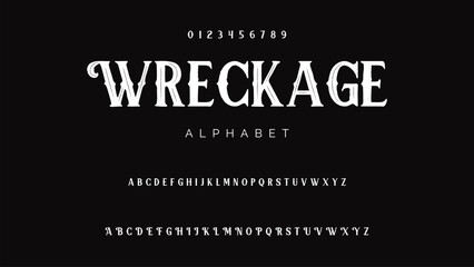 Craft vintage typeface design. Graphic display alphabet. Fantasy type letters. Latin characters, numbers. Vector illustration. Old badge, label, logo template.