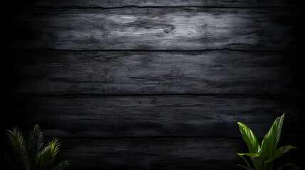 Dark Wood Background with Tropical Plants