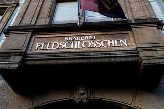 basel, basel stadt, switzerland- 17 12 2024: a sign of feldschl&ouml;sschen beer