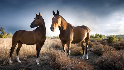 Obraz premium Majestic Brown Horses in Autumnal Field Peaceful Sunset