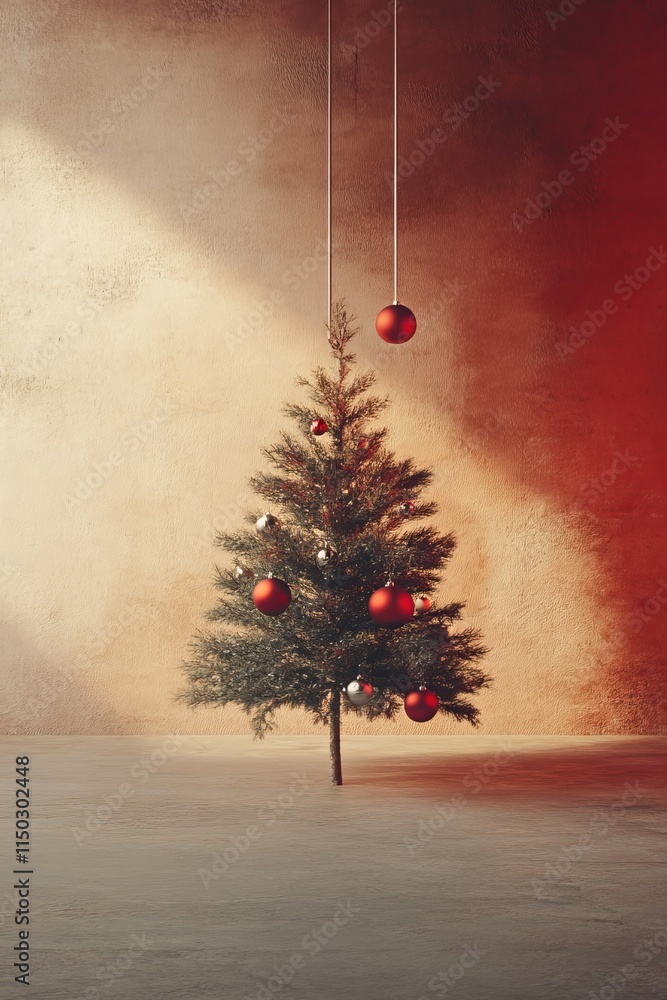 Poster elegant christmas tree with red ornaments displayed in a minimalist setting against a textured backd
