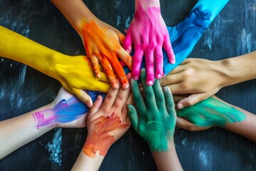 Fototapeta premium A group of people with their hands painted in different colors