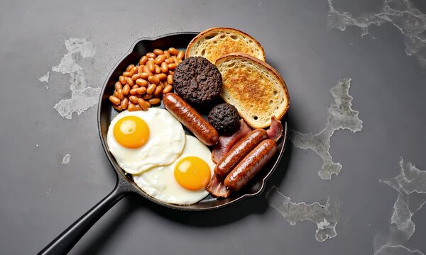 Savor a Hearty Breakfast with Our Delicious Fried Eggs, Sausages, Beans, Toast, and Black Pudding in a Cast Iron Skillet - Perfect for aying Morning Meal