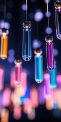 Colorful hanging test tubes create a vibrant display, illuminated against a dark background, showcasing an artistic blend of science and design.