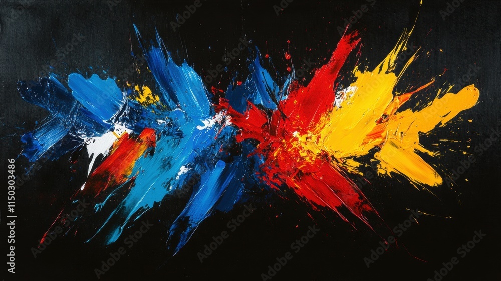 Poster dynamic abstract expressionism vivid paint splashes in primary colors on dark background