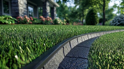 Obraz premium Lawn edging action with professional blades residential property landscape photography well-maintained garden close-up view