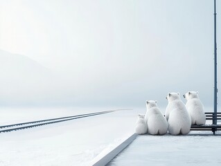 Polar bear family waiting at snowy train station, deep winter landscape, calm white snow, serene moment