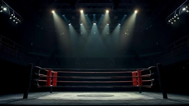 Dark boxing ring in empty arena set for intense sports competition. Concept Sports Competition, Dark Atmosphere, Boxing Ring, Empty Arena, Intense Setting