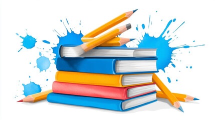 Fototapeta premium Colorful books and pencils with splash paint background.