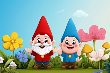 Obraz premium A whimsical illustration of a cheerful gnome tending to a magical garden with oversized flowers and glowing mushrooms