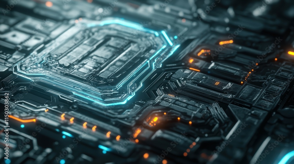 Poster digital artwork of circuit board illuminated silver pathways in a high-tech macro view