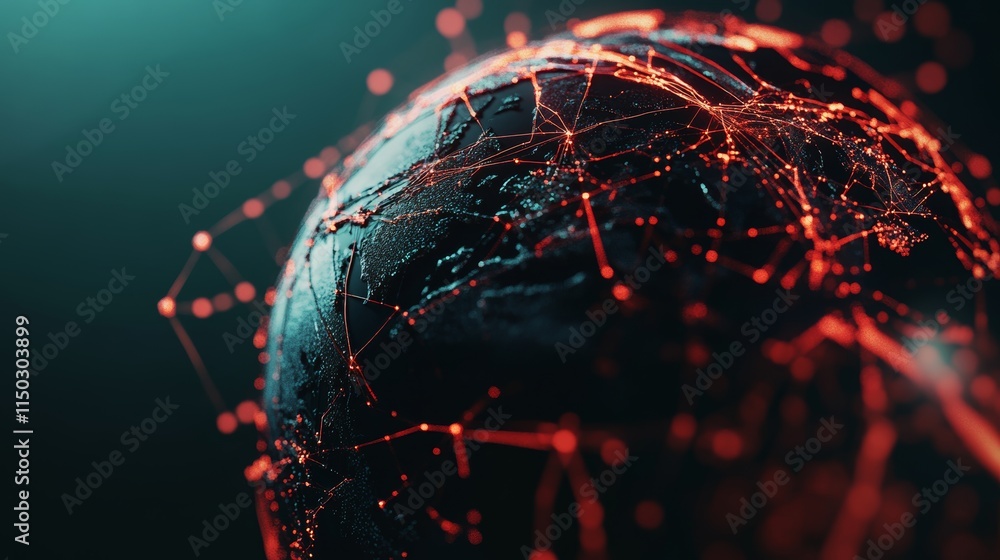Poster global interconnectedness represented through a digital network overlay on a dark globe with vibrant