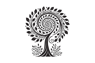 minimalist Spiral swirl foliage tree vector silhouette black color in white background