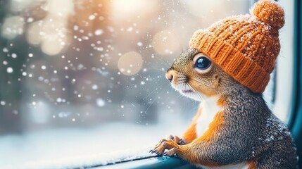Obraz premium Squirrel in hat watching snowy forest from train window, gentle snowfall, warm colors, cozy winter vibe