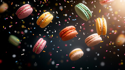 Colorful macarons floating in a festive, sparkling background.