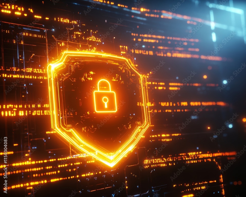 Poster digital lock symbol glowing on a high-tech backdrop of interconnected circuits and glowing data stre