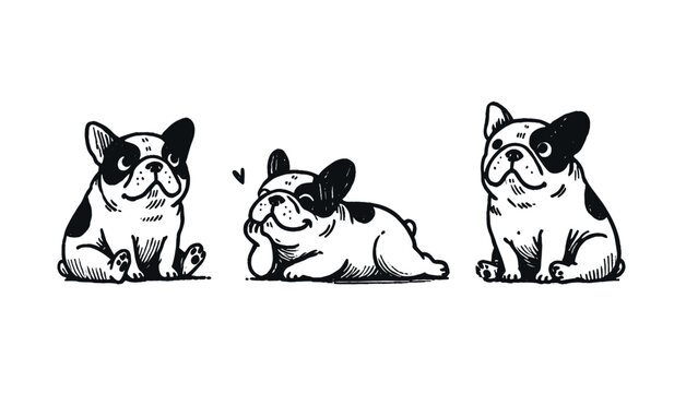 Minimalistic hand drawn French bulldog in various poses, bold black lines
