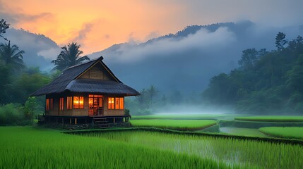 Illuminated hut in misty rice paddy at sunset, mountain backdrop.
