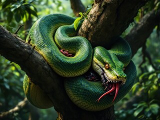 Obraz premium Vibrant Green Tree Snake in Lush Jungle