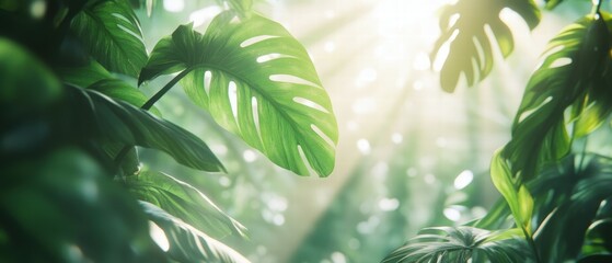 Naklejka premium Soft sunlight filtering through monstera leaves in a lush indoor garden