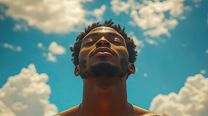 A Black man prays against a blue sky with hands raised, expressing religion, spirituality, faith, and worship